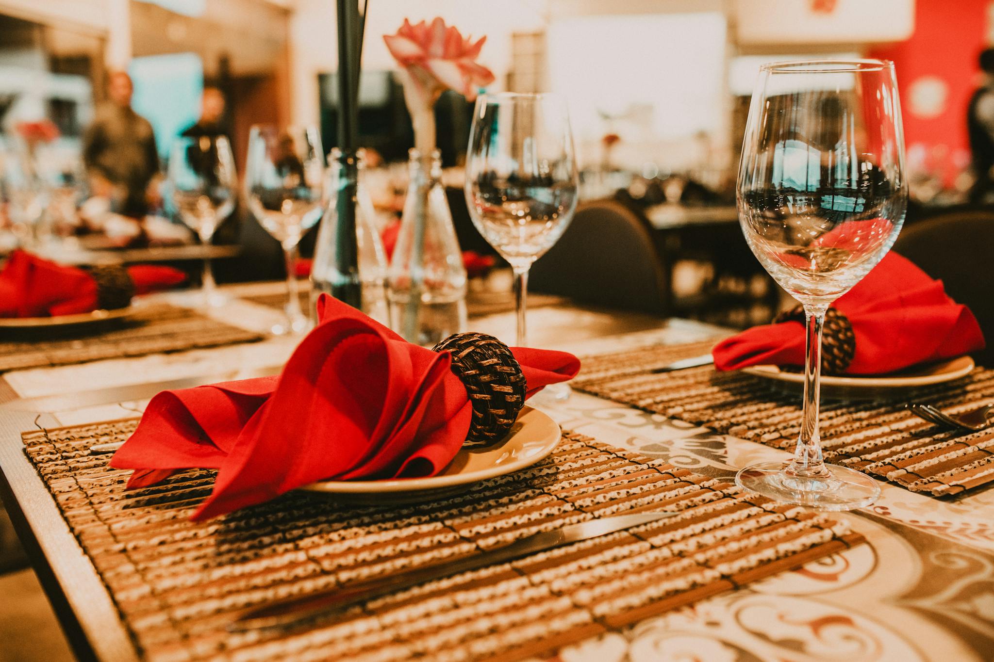 Banquet table set with festive decorations